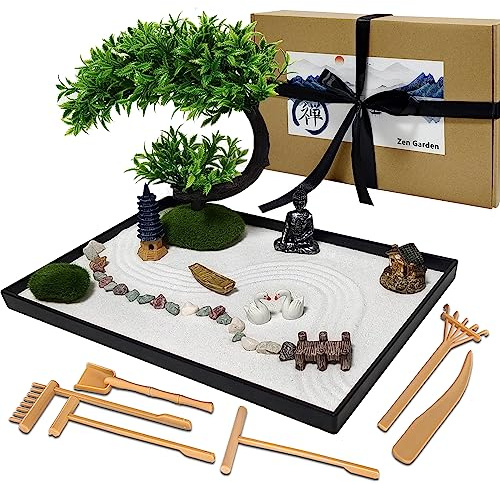 LuXianYS Zen Meditation Mini trädgård, Zen sand trädgårdsbord japanskt set för kontor, trädgård japansk sand, Zen kontorstillbehör meditation dekoration för avkoppling
