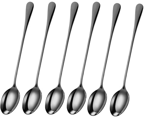 YSAMAX Stainless Steel Latte Spoons 19 cm Long Handle, Coffee Spoons for Tea, Sundae, Ice Cream, Dessert Ideal for Stirring, Mixing, Luxurious Elegant Look, Metallic Black, Set of 6 Pcs