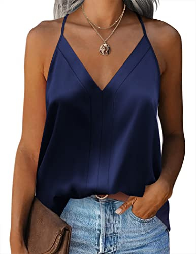 Zeagoo Mujer Camiseta Tirantes de Verano Satén Camisole Top Elegante Camista Sin Mangas Azul con Cuello V Casual Tank,XL