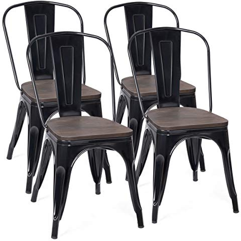 GIANTEX 4er Set Esszimmerstühle stapelbar, Küchenstühle Essstühle mit Rückenlehne, Wohnzimmerstühle Retro, Stühle Holzstuhl Stahlgestell & Massiv Ulmenholz, bis 150kg belastbar (Schwarz)