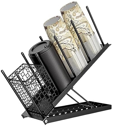 GAESHOW Paper Cup Lid Holder, Adjustable 4 Compartment Disposable Cup Dispenser with Coffee Pod Straw Storage Basket, Paper Cups Storage Rack for Bar Countertop Breakroom Metal
