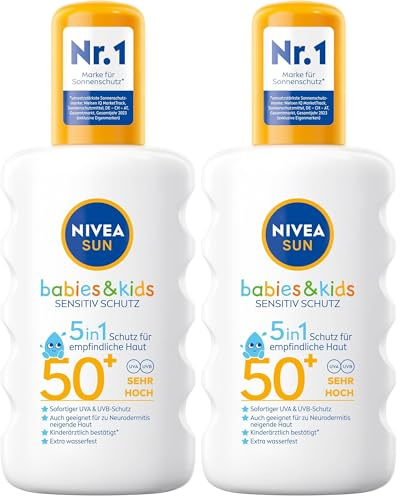 NIVEA SUN Babies & Kids Sensitiv Schutz Sonnenspray LSF 50+ (200 ml), extra wasserfestes Sonnencreme Spray für Kinder, Sonnenmilch als praktisches Spray ohne Parfum (Packung mit 2)