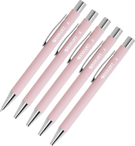 Westcott PRIMESOFT-XB Kugelschreiber 5 Stück | 5er Set Rosa Premium Kugelschreiber aus Aluminium | Dokumentenecht mit blauer Tinte | Strichstärke XB 1,4 mm | E-745013 00