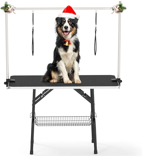 YITAHOME 46 Dog Grooming Table, Foldable Home Pet Bathing Station Table with Adjustable Arm, Non-Slip Desktop, Storage Tray& Noose, Black