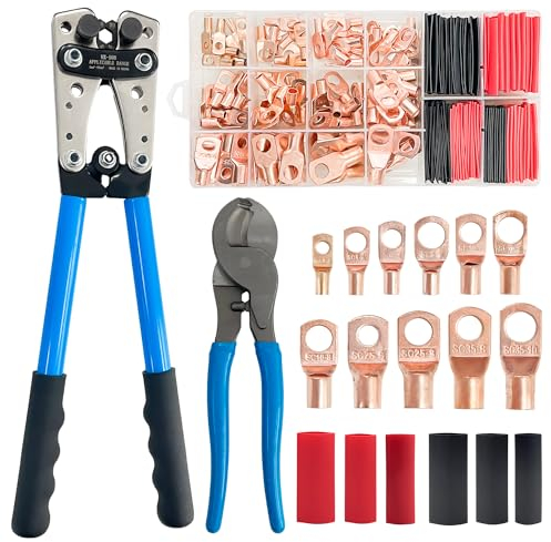 Socpuro Cable Lug Crimping Tool with 110pcs Copper Wire Lugs and 130pcs Heat Shrinkable Tube, Wire Crimping Tool for AWG 10-1/0 Battery Terminal, with Cable Cutter