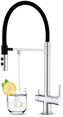 KEOKBON 3 Wege Wasserhahn, 360° Drehbar Küchenarmatur mit 2 Funktion Brause, 3 in 1 Mischbatterie Trinkwasserhahn mit 2 Hebel für Wasserfilter, Drei Wege Armatur Küche aus Messing & Edelstahl, Chrom