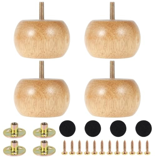 Fyeme 4Pcs Wooden Solid Furniture Feet Round Bun Feet with Screw Chair Table Feet Replacement Set DIY Furniture Bun Feet for Cabinet Chair Couch Dresser Table TV Stand (4pcs)