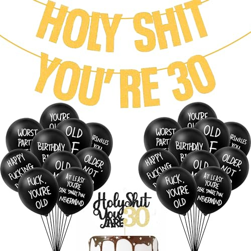 22PCS 30th Birthday Decorations, Funny Party Decor Sign Banner with Cake Topper and Abusive Balloons for Party Supplies, Holy Shit You're 30 Birthday Decoration（Not suitable for children）