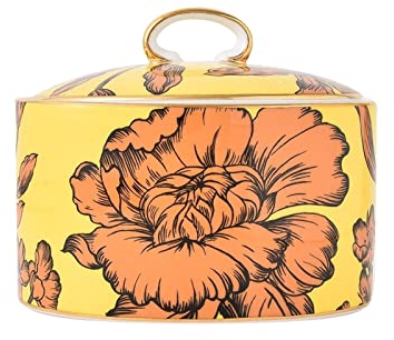 FQCXCKJ Azucarero de estilo europeo, tarro de azúcar de cerámica con tapa, diseño de patrón de flores de línea dorada, azucarero de porcelana de hueso