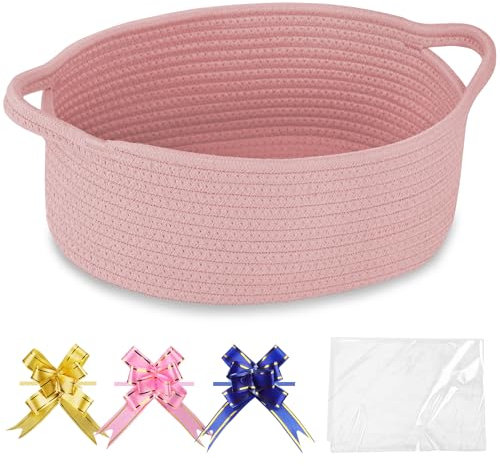 COMSE Piccolo cestino intrecciato con sacchetti regalo e nastri, cesto regalo vuoto, organizer in corda di cotone, scatola per giocattoli per bambini con manici, 30,5 x 20,3 x 12,7 cm, rosa antico