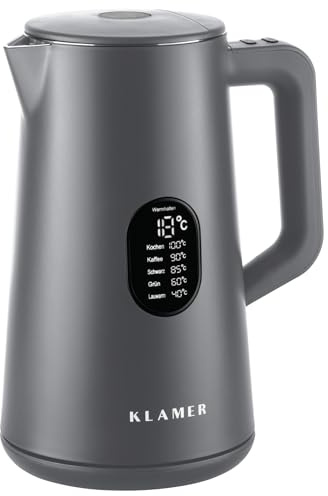 KLAMER Wasserkocher mit Temperatureinstellung 40-100 Grad, 1,5 L Edelstahl | 5 Temperaturprogramme von 40 °C für Milchpulver bis 100 °C, LED-Display, Warmhalten und Kaltgehäuse