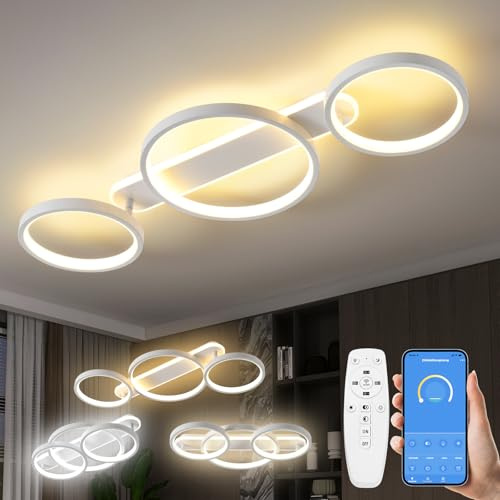 MYCUL LED Deckenlampe,Dimmbar Deckenleuchte Mit Fernbedienung APP Weiß 78cm | Einstellbar Ringform,Wohnzimmerlampe 3 Flammig Kronleuchter Lampe,3000-6500K deckenbeleuchtung für Schlafzimmer Wohnzimmer