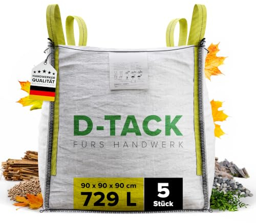 D-TACK 5x Big Bag | 90 x 90 x 90 cm | Säcke für Bauschutt, Holz, Laub, Kies, Sand, Erde, Gartenabfall, Grünschnitt, Pellets | 4 Schlaufen für Kran & Stapler | 1.500 kg | Witterungsbeständig