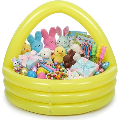 VioraWhite Yellow Easter Inflatable Gift Basket DIY Blow up Pool Easter Basket Giant 35.43 x 31.5 Inches Round Pool Portable for Game Play Garden Indoor Outdoor Decoration, Not Include Gift