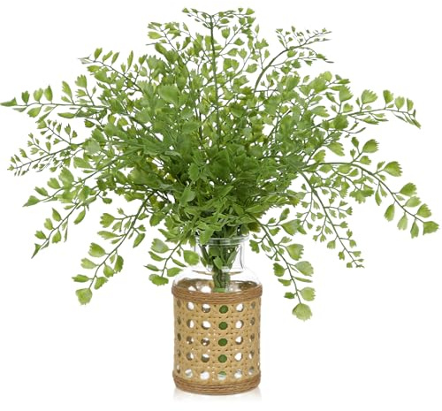 Oairse Planta de helecho artificial en jarrón de cristal con agua artificial y funda tejida, pequeñas plantas artificiales, helecho, centros de mesa verdes para cocinas de campo, mesas de comedor