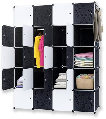 Froadp Vikbar garderob, 178 x 145 x 35 cm, gör-det-själv hyllsystem, plast, garderobsskåp med 20 fack, hyllsystem, skåp för kläder, skor, leksaker, böcker, svart och vit