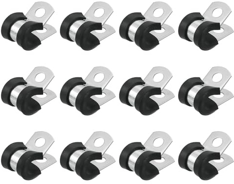 sourcing map 5/16(8mm) Cable Clamp, 304 Stainless Steel Rubber Cushioned Insulated Clamp R Shape Metal Clamp Tube Holder for Pipe Hose Wire Cord Installation 12Pcs
