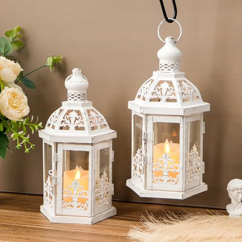 TRIROCKS Uppsättning av 2 dekorativa lyktor i vintage 24,5 cm H hängande lykta metallljushållare med härdat glas för inomhus utomhus heminredning fester trädgårdsevenemang bröllop (vit med grå borste)