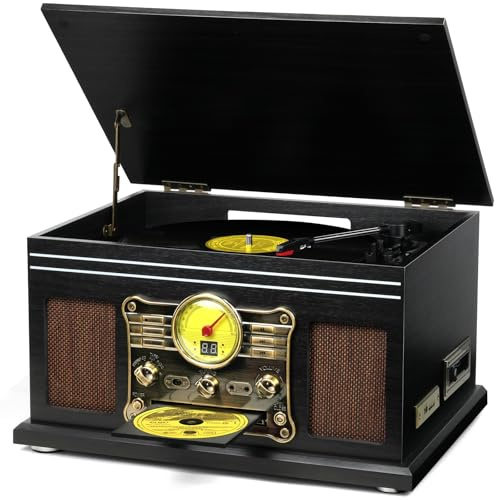 FEKTIK FEKTIK Giradischi Bluetooth 10 in 1, giradischi a 3 velocità per vinile con altoparlanti, convertitore da LP a MP3, CD, lettore di cassette, radio FM, streaming wireless, nero