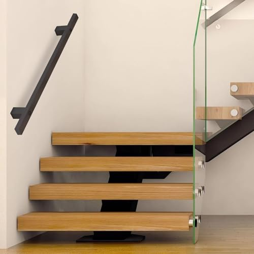 Pasamanos de escalera modernos para paredes, 60cm 80cm 1m 150cm 2m 3m pasamanos de tubo cuadrado de metal negro, barra de apoyo antideslizante para escaleras interiores y exteriores, pasillo de loft(9