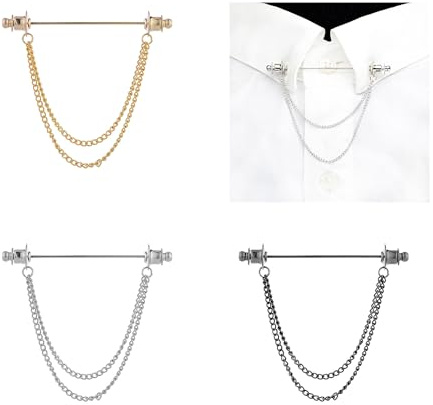 LONGHAO 3 Pcs Fermacravatta A Clip Per Camicia,Clip Del Colletto Della Camicia,Spill Per Cravatta Da Uomo,Con Catenina,Accessori Per Abiti Da Uomo,Per Anniversario Di Matrimonio Affari Vita (#2)