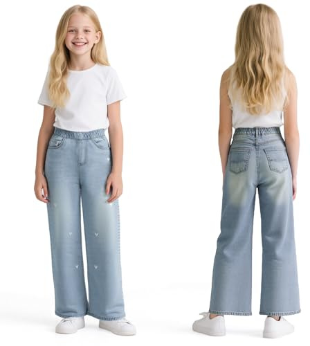 Baogaier Jeans Filles Enfants Baggy Pantalon Jambes Larges avec Taille Élastique Loose Fit Long Denim Jeans avec Poches Décontracté Denims Mode Casual Polyvalent Ado Pant pour 11-12 Ans, Coeur Bleu