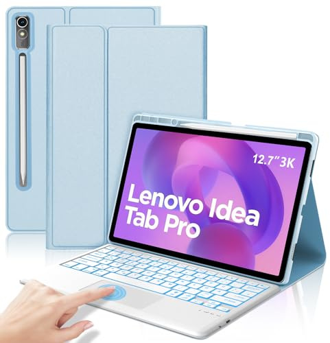 SENGBIRCH Tangentbordsfodral för Idea Tab Pro 12,7 tum 2025 – QWERTZ tyska 7 färger upplyst pekplatta trådlös avtagbart Bluetooth-tangentbord för Idea Tab Pro 12,7 tum 2025, ljusblå