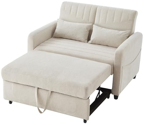 KecDuey Sofabett mit Schlaffunktion,Zweisitzer-Klappsofa,Schlafsofa ausziehbares Design,Couch schlicht und modern, zeitgemäßer Stil, dreistufig verstellbare Rückenlehne,Baumwoll-Leinen-Stoff (Beige)