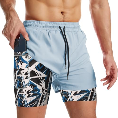 Danfiki Sportshorts för män 2-i-1 löparshorts med fickor, Blå med blått