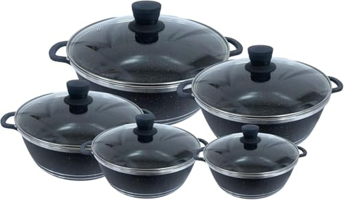 Housetronics Set of 5 Pcs Die Cast Casserole Stock Pots with Lid-Granite Cookware Pot Set with Tempered Glass Lids & Knobs Nonstick Marble Coating Cooking Pot with Heat-Resistant Handle (Black)
