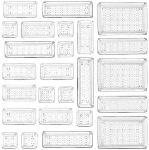 Binnan 25 Stück Schubladen Organizer mit 4 Größen, Transparentes Schubladen-Organisationssystem, Transparenter Make-up-Organizer, Schminktisch Organizer für Büro Küchen Badezimmer Kosmetik Kommode