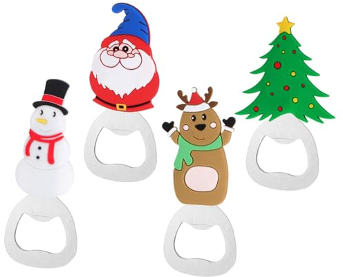 ZUNOXAZ 4pezzi Apribottiglie Natale Tema Cartoni Animati Portatile Per Birra in Materiale Resistente Design Delicato Babbo Natale Pupazzo Albero Per Feste e Campeggio