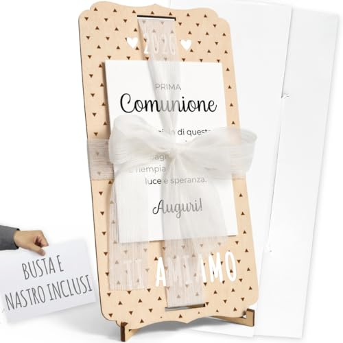 nagu® Comunione carta personalizzata in legno – regalo per prima comunione per bambino o bambina, con fiocco, busta, supporto e lettere, soldi o foto