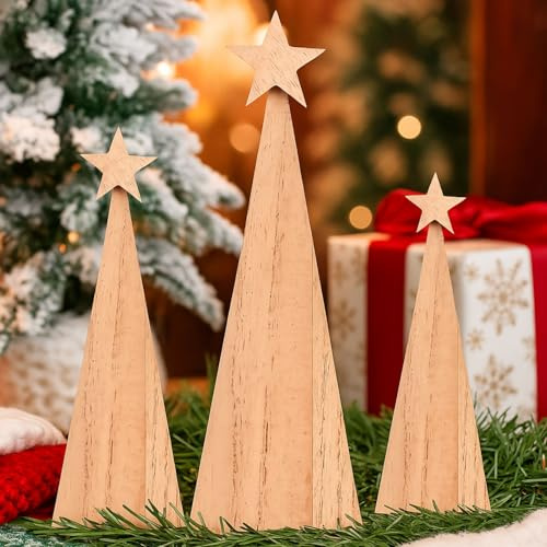 3 Stück Künstlicher Weihnachtsbaum Holz, Weihnachtsdeko Holz | Holzbaum Tannenbaum Deko, Weihnachtsbaum mit Stern für DIY Weihnachten Deko Innen, Tischdeko, Fensterbank, Weihnachtsdorf