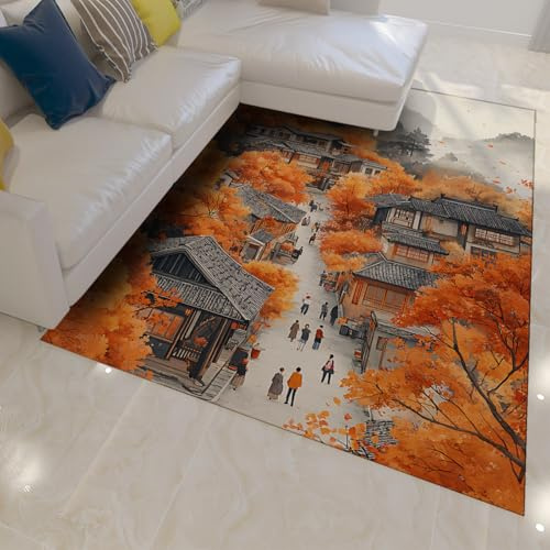 OLLIAR Home Chinesische Altstadt Herbst Teppiche 180x300cm Gelber Baum Retro Architektur Orientteppich für Flure Studie Waschbare rutschfeste dünne Bodenmatte