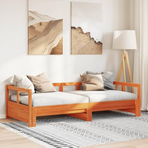QJBSAVVA Tagesbett 90x190 cm aus Massivholz Kiefer Wachsbraun, 2-in-1 Schlafsofa mit Rollrost, ausziehbar zu 197,5 x 184 cm, Robustes Daybed für Gästezimmer Jugendzimmer Wohnzimmer