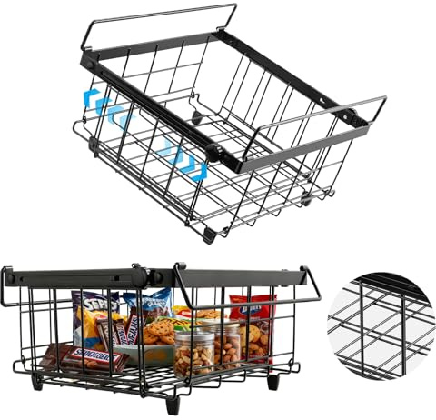 Tanice 2 Pack Freezer Organizer Bins, Expandable Stackable Chest Freezer Organizer with Foldable Handle, Thickened Metal Freezer Baskets for Deep Freezer, Kitchen Pantry - Black