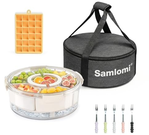 Divided Serving Tray with Lid and Handle, Rounded Snackle Box with 6 Compartments and Chill Base for Fruits, Candy, Veggie, Travel Snack Container with Portable Insulated Bag & Ice Cube Tray & 5 Forks