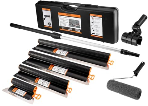 NEO TOOLS Spachtel-Set für Putz & Gips 8-tlg. im Koffer | Oberflächenspachtel 200-800mm mit 0,3mm Edelstahlklingen, Teleskopstab 0,7-1,2m, Adapter & Farbroller, Für Glättspachtel