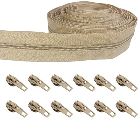 Cremalleras por Metros para Coser, Cremallera Continua Beige, Kit de cremallera espiral reforzada 5m de nailon y 12 deslizadores, para Bolsas de Ropa, Ropa de Cama