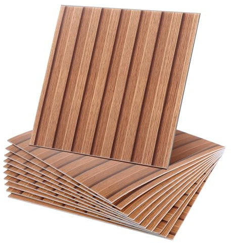WOPPLXY 30 PCS Peel and Stick Wall Tiles Wood Effect, 30x30cm Self Adhesive Textured Wood Slat Panels Wallpaper for Living Room, Waterproof Decorative PVC Vinyl Textured Wooden Slat Wallpaper, Brown