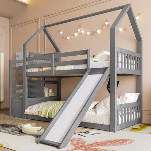 Su & Chan Legence Etagenbett 90 x 200cm, Kinderbett mit Stauraumtreppe und Rutsche, Hausbett mit Lattenrost und Geländer, Ohne Matratze, Grau