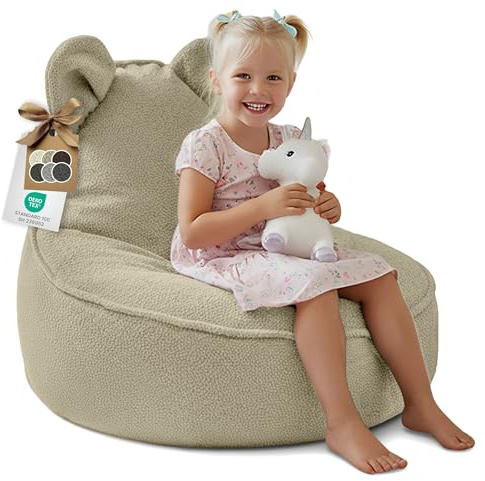 DreamRoots Sitzsack Kinder Bouclé, Maus Form, Kindersessel, Beige | 315 g/m², OEKO-TEX, mit Schaumstoffflocken, Sessel Kinderzimmer, Waschbarer Bezug