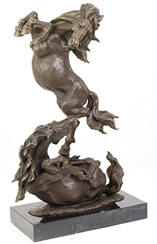 lyxig bronsskulptur kamphästar brons/svart 33 x 14,3 x H. 51 cm - Deco bronsfigur med marmorbas