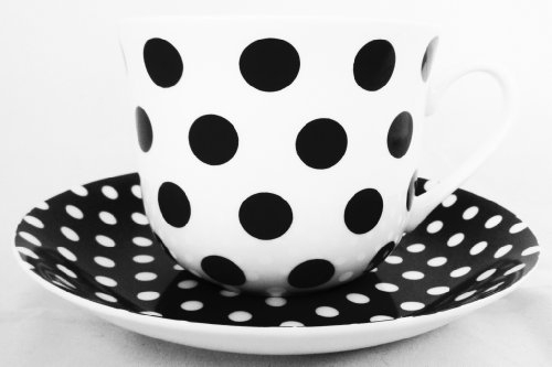 Black Dots & Spots Breakfast Cup & Saucer Fine Bone China Large Cup & Saucer Hand Decorated in The U.K. Free UK Delivery