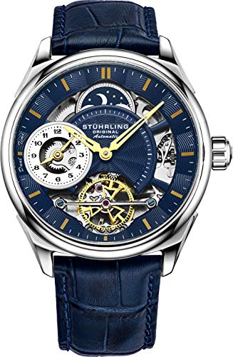Stuhrling Herren-Armbanduhr, Automatik, Edelstahl, Skelett, mit Duellzeitanzeige, AM/PM-Anzeige, Blau, Mechanisch