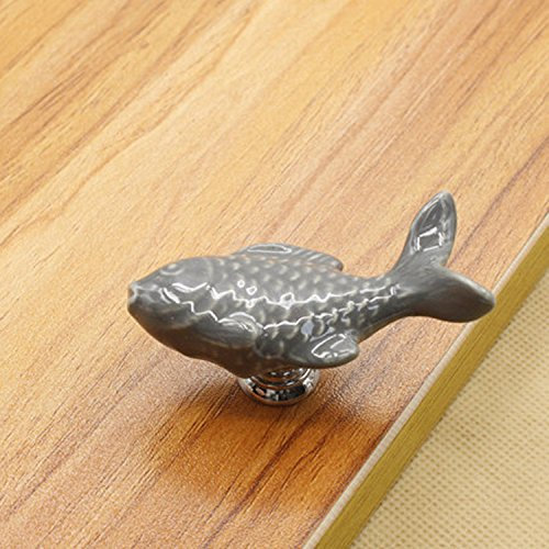 FBSHOP(TM) 5pcs Lovely Cartoon Grey Fish Ceramic Door Knob Retro Handle Pull Knobs Door Cupboard Locker for Kitchen ,Bedroom Drawer,Cabinet,Chest, Bin, Dresser, Cupboard, Etc with Screws