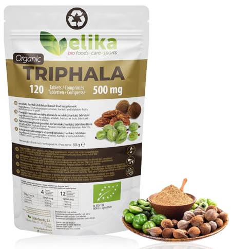 Triphala BIOLOGICO di Elikafoods®. Depurativo e disintossicante naturale. Integratore naturale per la pulizia del colon. Compresse naturali per la stitichezza intestinale - 120 compresse da 500 mg.