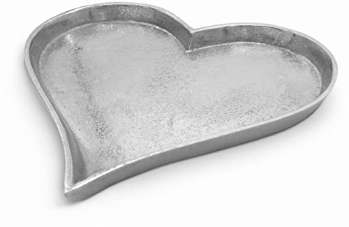 FeinKnick Herz Dekoteller - Schönes Silber Deko Tablett 24cm aus Metall - Dekoschale in Herzform als Kerzenteller - Dekotablett silbern als Geschenk & Schale - Luxus Deko Teller Serviertablett