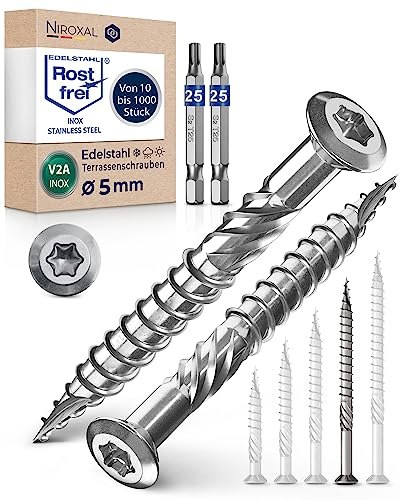 Tornillos para terraza 5x70 de acero inoxidable A2 con cabeza lenticular muesca de corte y aletas peladoras para madera, 500 unidades, tornillos Torx 70mm de largo + 2 puntas Torx hexagonales